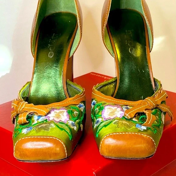 Lime Green Satin Brown Leather Hi Heels 5”  Lilac Floral Embroidery Sq.Toe 7 1/2 - Picture 8 of 14